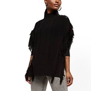 New York & Company Black Fringe Poncho Sweater Tassel Boho Soft Winter Cozy NWT